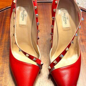 Valentino Red Rock Studded Pumps with Cream Leather Detail